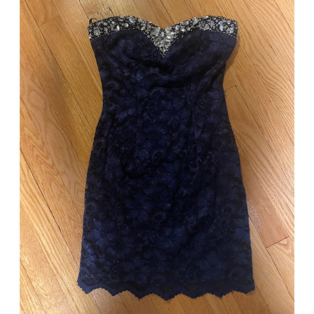 Navy Blue Lace Junior Prom Dress